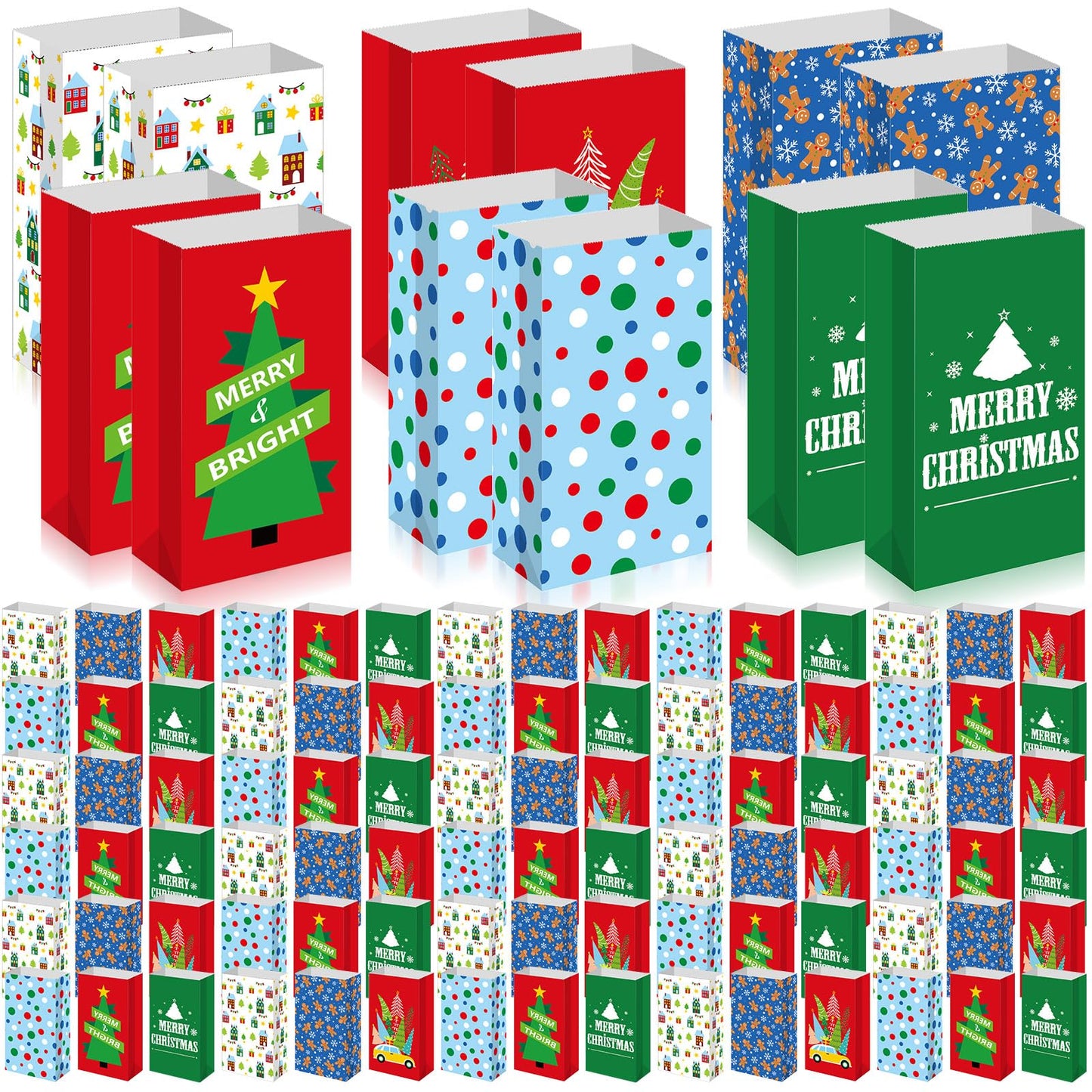 Kolldenn 120 Pcs Christmas Gift Bags Bulk 6 Styles Christmas Treat Bags 9.5 x 5.1 x 3.15 Inch Paper Goodie Pouches for Gifts Candy Snacks Lunch Holiday Party Supplies(Cute)