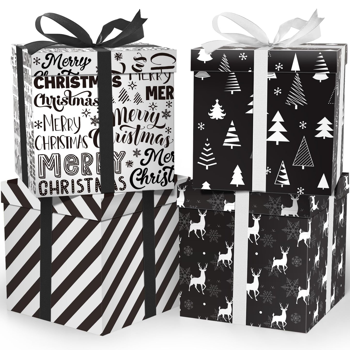 Cinrobiye 4 Pcs Christmas Gift Boxes with Lid,Ribbon and Tissue Papers,9" Black and White Christmas Winter Square Cardboard Box for Gift Wrapping Holiday Present Birthday Assorted Design (Black White)