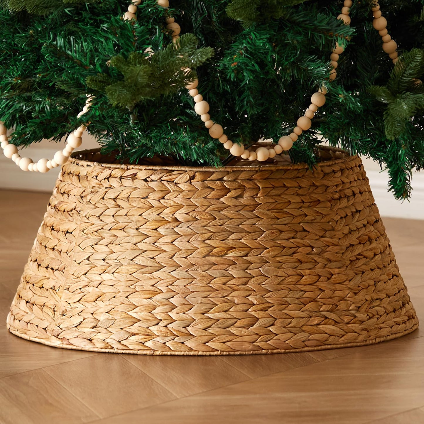 24in Hyacinth Christmas Tree Collar - Woven Rattan Basket for Christmas Tree Base Cover, Holiday Decoration for 4ft 6ft 7.5ft Artificial Trees with Cord Cut-Out(Natural)