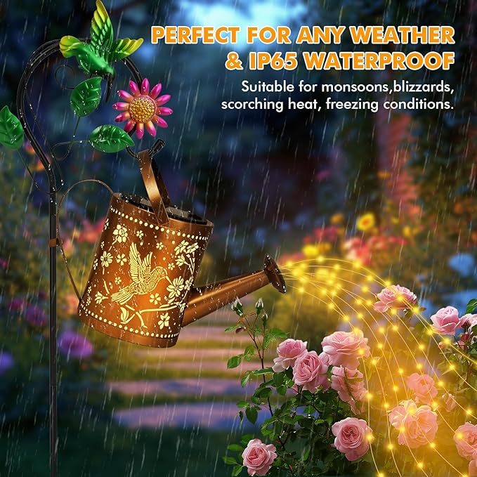 Outdoor Hanging Solar Lantern Waterproof Metal Openwork Hummingbird Watering Can Landscape Lights with Shepherd Hook for Porch Lawn Driveway Backyard Pathway Mom Grandma Gifts