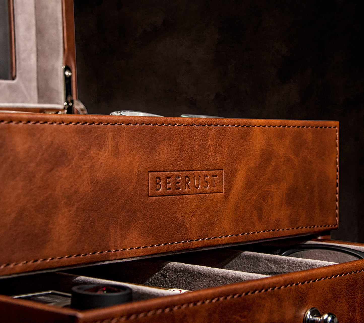 BEERUST Watch box organizer for men - Leather watch case - Luxury watch box - For large mens wrist watches - Mens jewelry box organizer - Watch case - With valet drawer - Watch display case