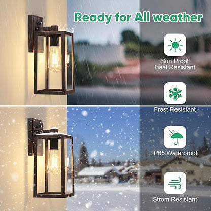 PARTPHONER Exterior Lighting Fixtures, Porch Light Outdoor, Waterproof Exterior Light Fixture, Anti-Rust Wall Sconce with Clear Glass and Aluminum for Garage, Doorway 2 Pack (Black Brush Gold)