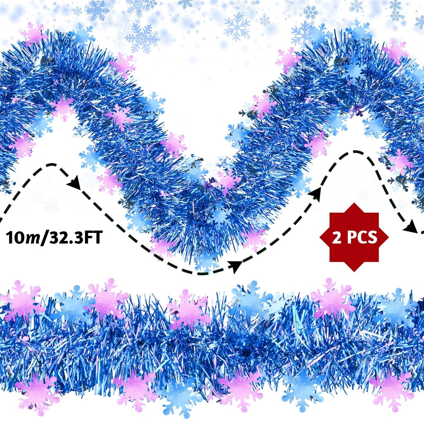 64.6 Feet Blue Purple Snowflakes Tinsel Garland Christmas Glitter Metallic Iridescent Twist Hanging Garland for Xmas Snow Winter Indoor Outdoor Ceiling Wall Tree Birthday Party Decoration