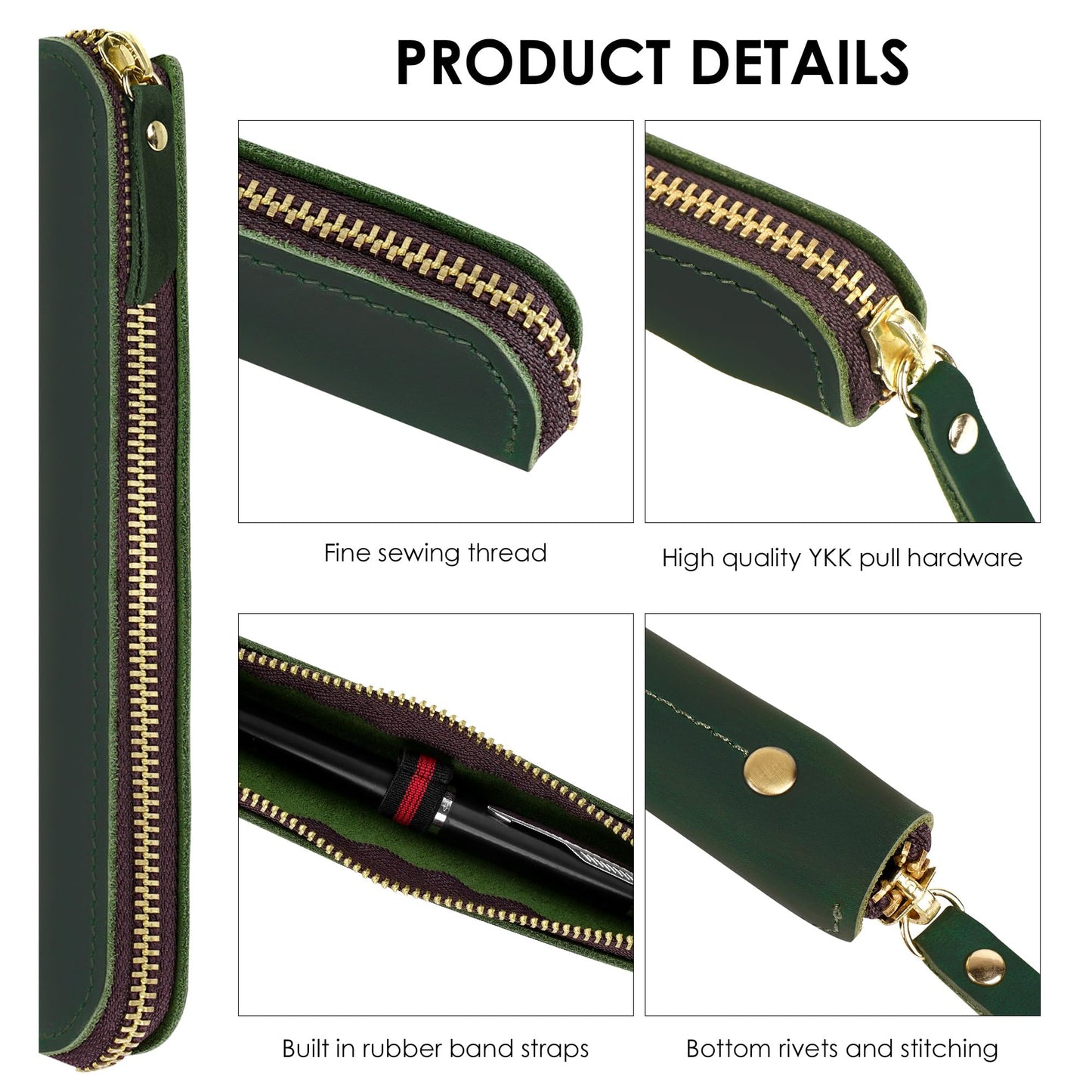 JANKINGS Crazy Horse Leather Zipper Pen Pouch Handmade, Single Pen Case Fountain Pen Sleeve Holder Pouch Cover Vintage, Mini Pencil Bag (Green)