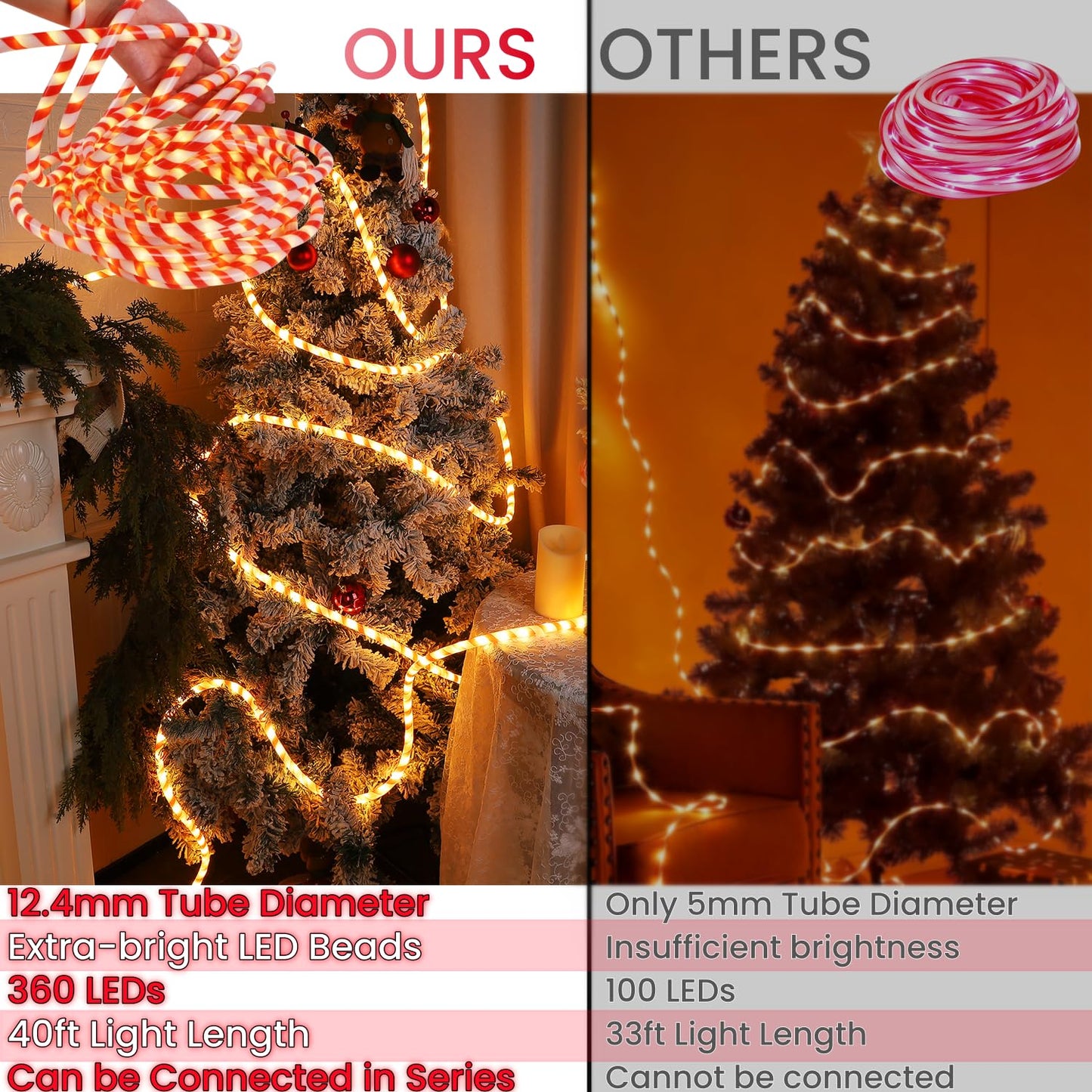 Watereem 360 LED Christmas Lights, 40 FT Candy Cane Rope Lights, Waterproof Xmas Tree Light, Connectable Tube Light Plug in for Indoor Outdoor Garden Yard Holiday Wedding Festival Party Decoration