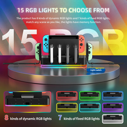 RGB Switch Wall Mount for Joy-Con Charger, Switch Holder for Nintendo Switch 1/ OLED with Switch Organizer, Switch Accessories with 15 Light Mode, 4 Controller Charger, 2 USB Port, 10 Card Slot