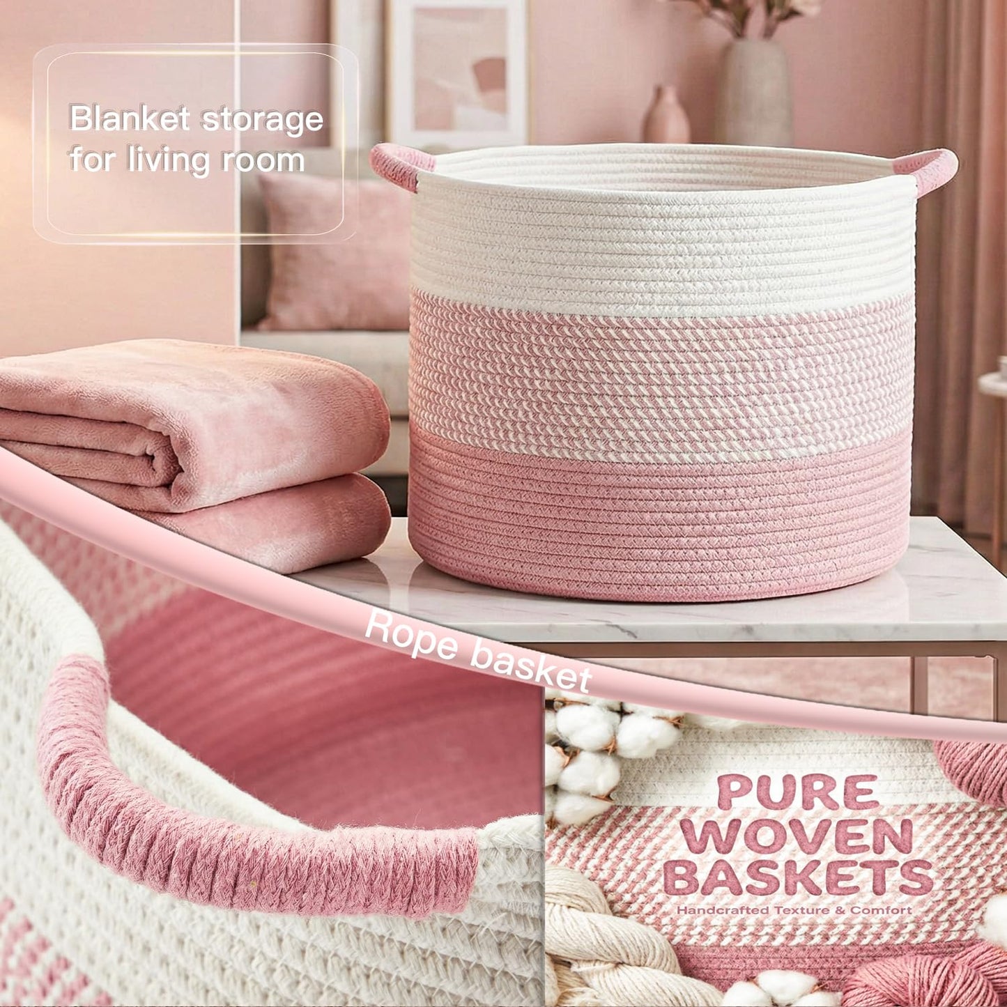 Artfeel 70L Large Cotton Rope Basket, Decorative Woven Blanket Storage for Living Room, Boho Toy Storage & Toy Box for Kids, Versatile Laundry Basket & Nursery Hamper for Blankets(Pink)