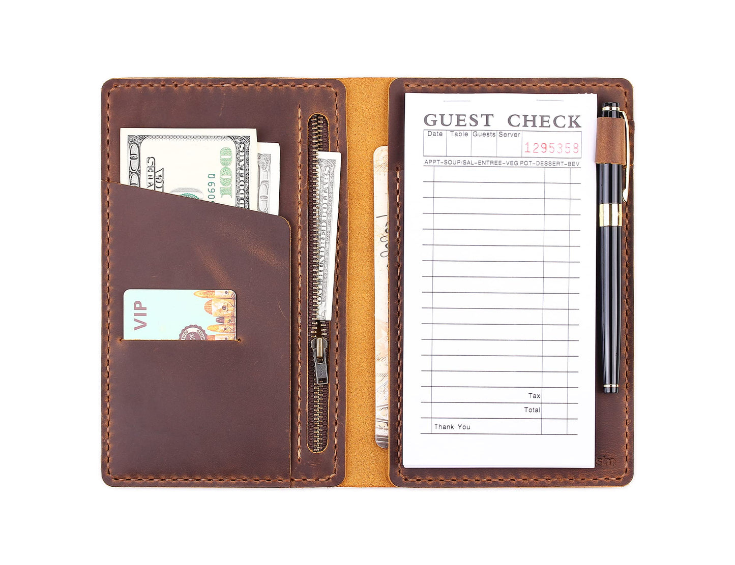 Server Book Organizer with Zipper Pocket, Genuine Leather Restaurant Guest Check Presenters Card Holder for Waitress, Waiter Accessories Fit Server Apron - Brown