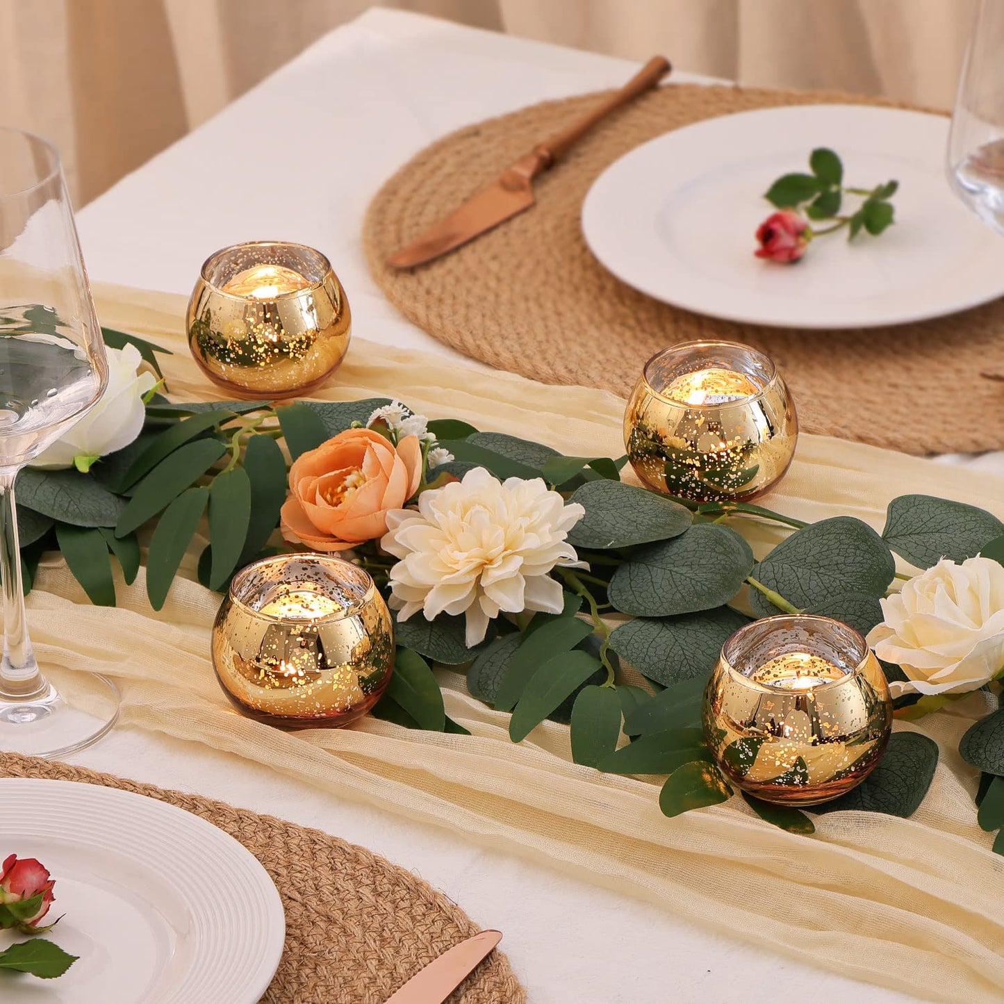 Volens 24PCS Gold Votive Candle Holders for Table Centerpieces, Round Mercury Glass Candle Holders Bulk for Wedding, Birthday, Anniversary, Parties, and Holiday Decorations