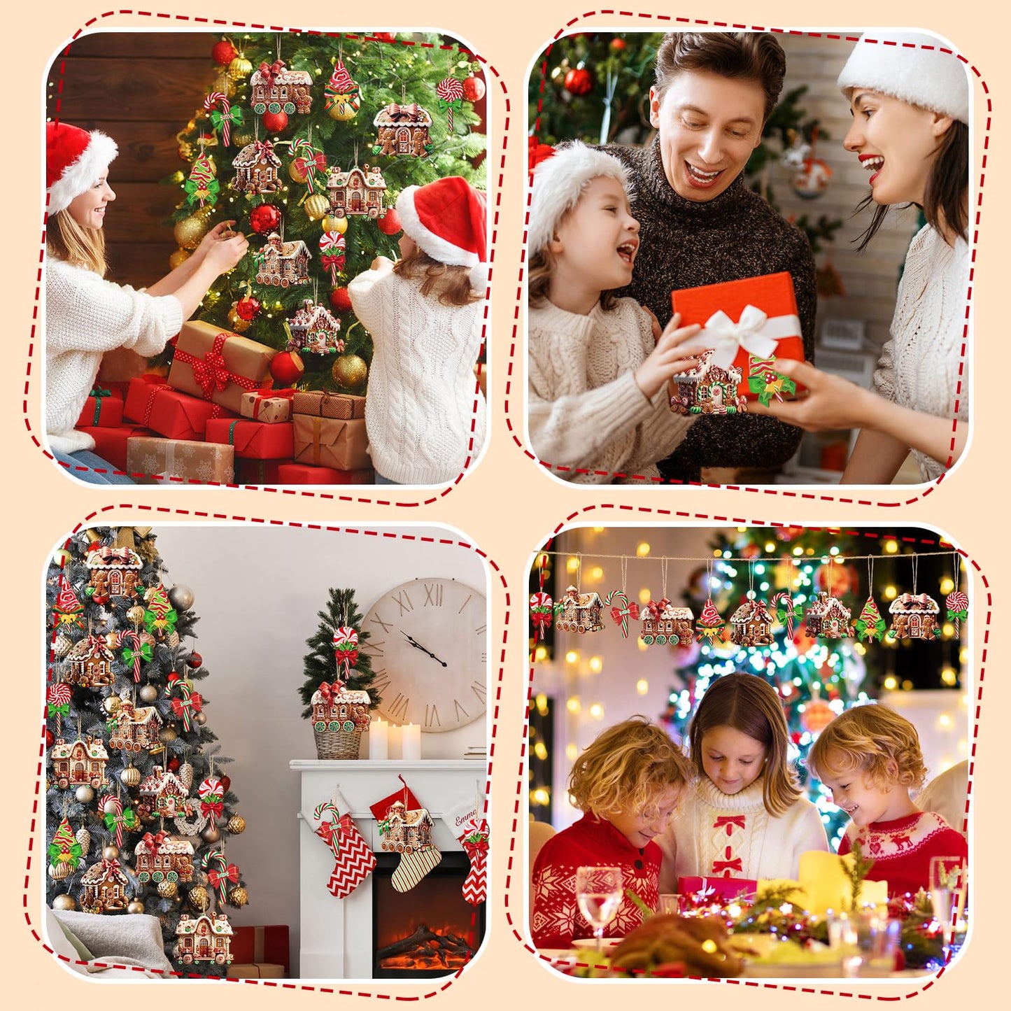 Roowest 36 Pcs Christmas Gingerbread House Ornament Set Wood Christmas Tree Ornaments Lollipop Flat Train Donut Cake Hanging Decorations Peppermint Ornaments for Xmas Tree Party Supplies