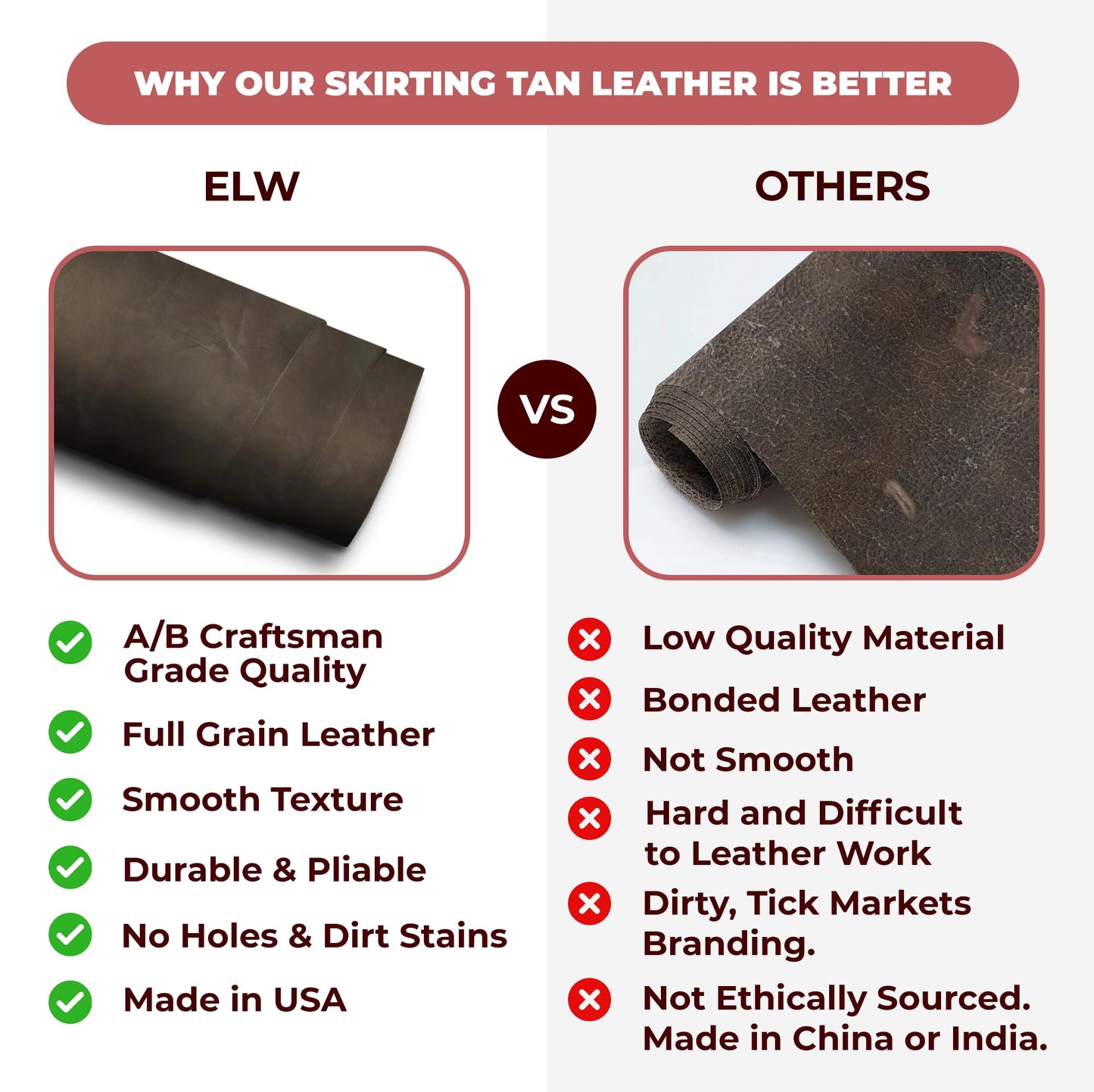 ELW 8-10 oz (3-4 mm) Skirting Veg Tan Leather | Dark Brown 1-2 SQFT| Thick Cowhide Tooling Leather Sheet for Belts, Saddle, Holster, Sheaths, Bulk Real Leather Pieces, Crafts, Remnants, Scraps USA