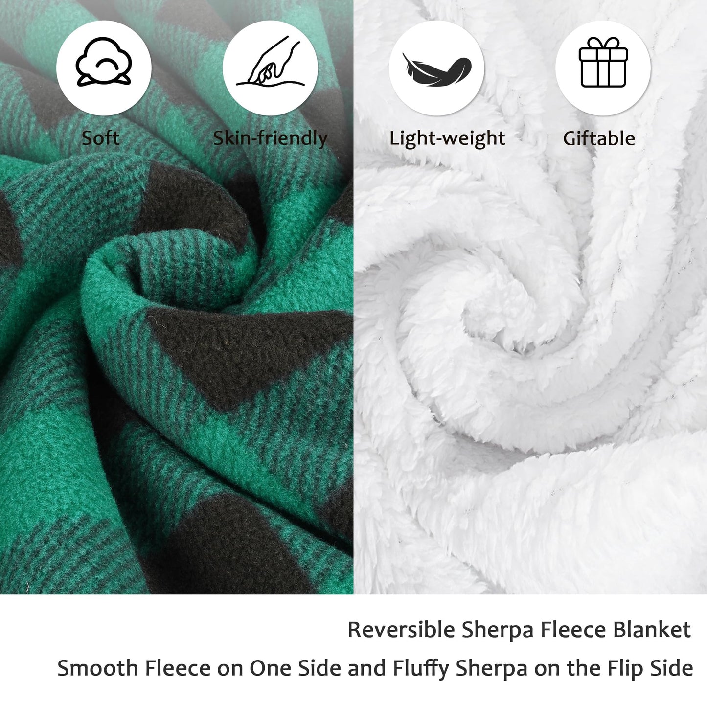 Catalonia Buffalo Plaid Green Sherpa Throw Blanket, Reversible Soft Fuzzy Comfy Snuggly Throws for Couch, 50x60 inches, St. Patrick Gift