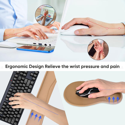 WINTOJO Wrist Rest Support for Mouse Pad Keyboard Set Circle Coaster Gaming Mouse Pad Ergonomic Gel Memory Foam Set for Computer, Laptop, Office, Pain Relief, Comfortably Typing Brown KM-32