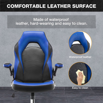 OLIXIS Ergonomic Gaming Office Chair - PU Leather Executive Swivel Computer Desk Chair with Flip-up Armrests and Lumbar Support for Working, Studying, Gaming, Grey, Blue (A-95blue)