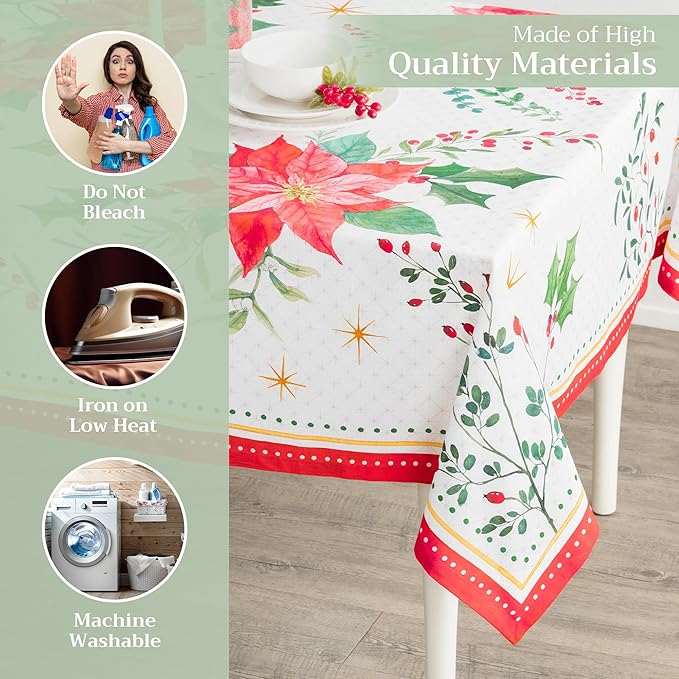 Maison d' Hermine Table Cloth Rectangle Table 100% Cotton 70 x 120 Inches Fall Tablecloth Reusable Everyday Use for Thanksgiving Christmas Decorations Dining Farmhouse Party (Poinsettia Christmas)