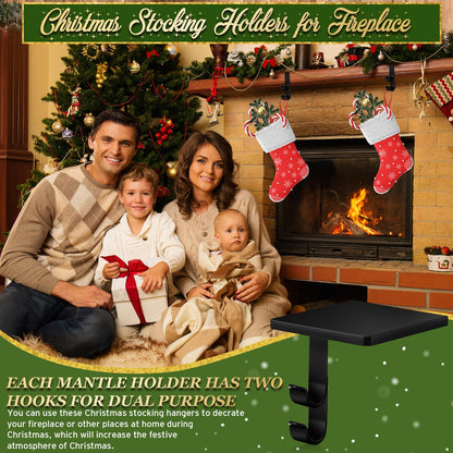 Zhengmy 2 Pcs 2 in 1 Fireplace Stocking and Garland Hangers Heavy Duty Metal Christmas Stocking Holder for Mantle, Two Hooks Hangers for Garland Balls Fireplace Xmas Holiday Party Decoration (Black)