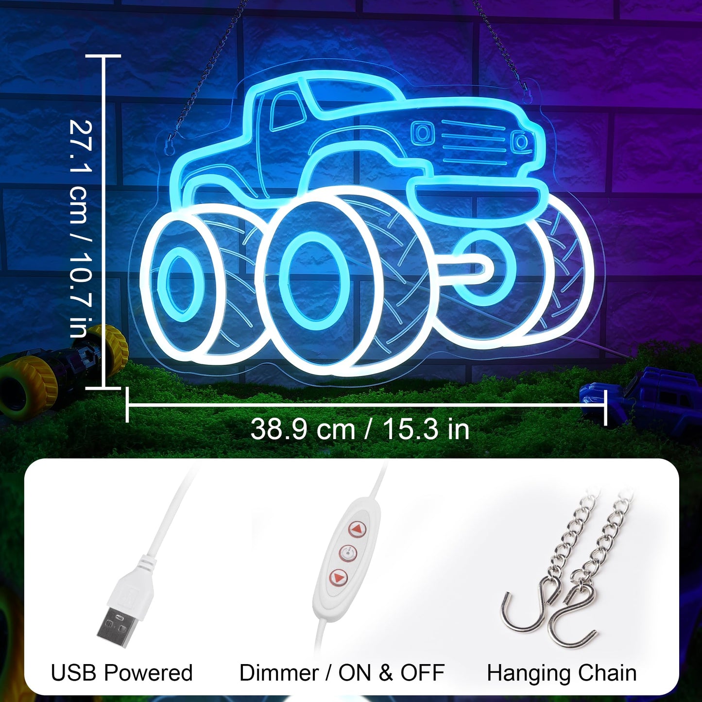 Truck Neon Signs for Wall Decor, Vehicle Neon Lights for Bedroom, Neon Wall Light Suitable for Living Office Game Room Christmas Gift for Truck Toys Lover - 5V USB Power with Hanging Chain Hooks