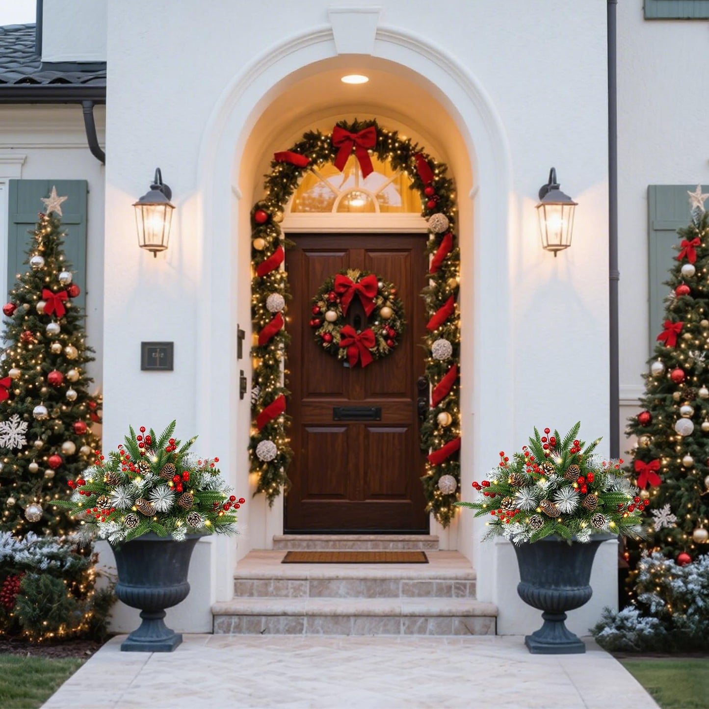 Teoytm Outdoor Urn Filler, Set of 2 Lighted Outdoor Christmas Tree, Battery Operated Christmas Porch Decorations for Driveway, Yard, Garden, Flower Beds