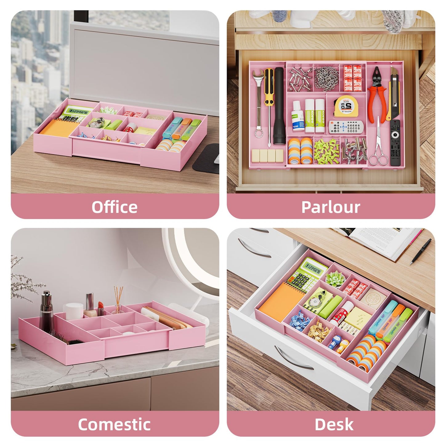 Marbrasse Expandable Desk Drawer Organizer, Clear Plastic Drawer Organizer Tray with 10 Adjustable Compartments, Desk Organizers and Accessories, 5 Drawer Dividers for Office Supplies, Makeup (Pink)