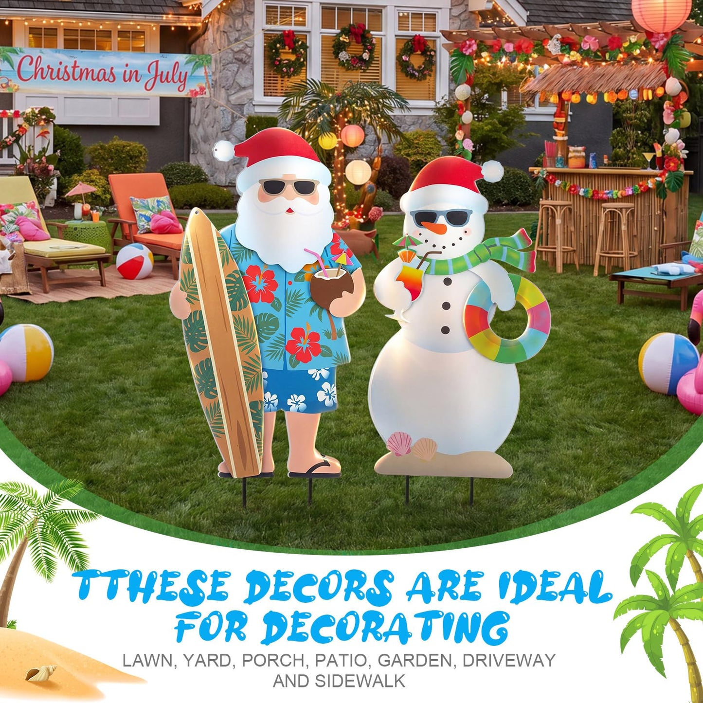 Leinuosen 2 Pcs Metal Christmas in July Yard Signs with Stake July Christmas Yard Decorations Beach Santa and Snowman Stake Signs Tropical Hawaiian Decor for Outdoor Garden Lawn Patio Walkway Pathway