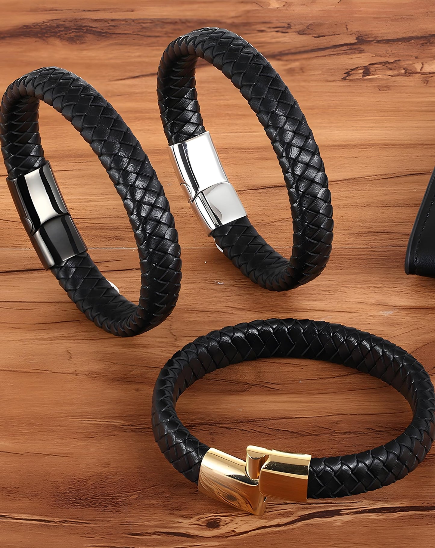 Deerllia Leather Bracelet for Men, Braided Cuff with Stainless Steel Clasp Stacked Multi Style Color Anniversary Father's Day Birthday Christmas Jewelry Gifts for Him, Black Clasp Black Leather
