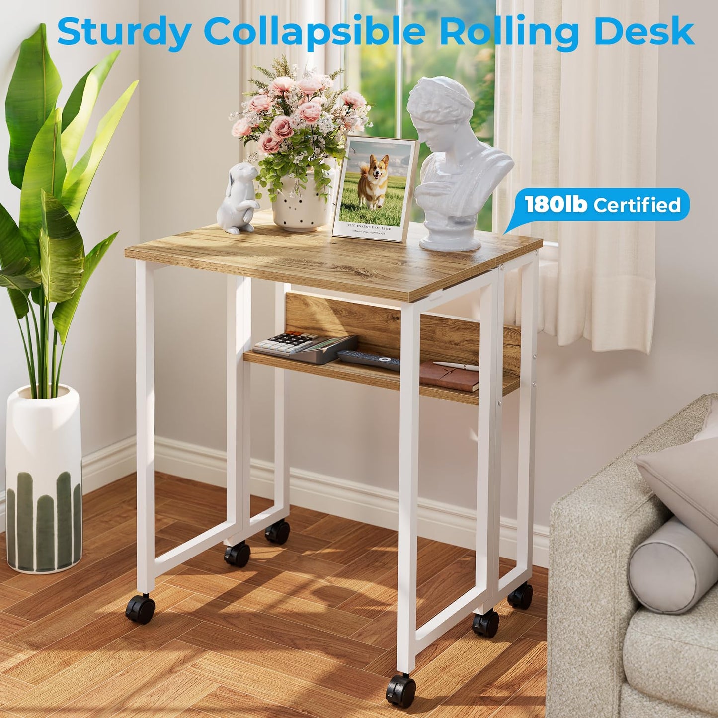 GreenForest Folding Desk Small Rolling Desk with Storage Shelf,24.8 inch Foldable Computer Desk with Wheels for Small Space,Easy Assembly,Oak
