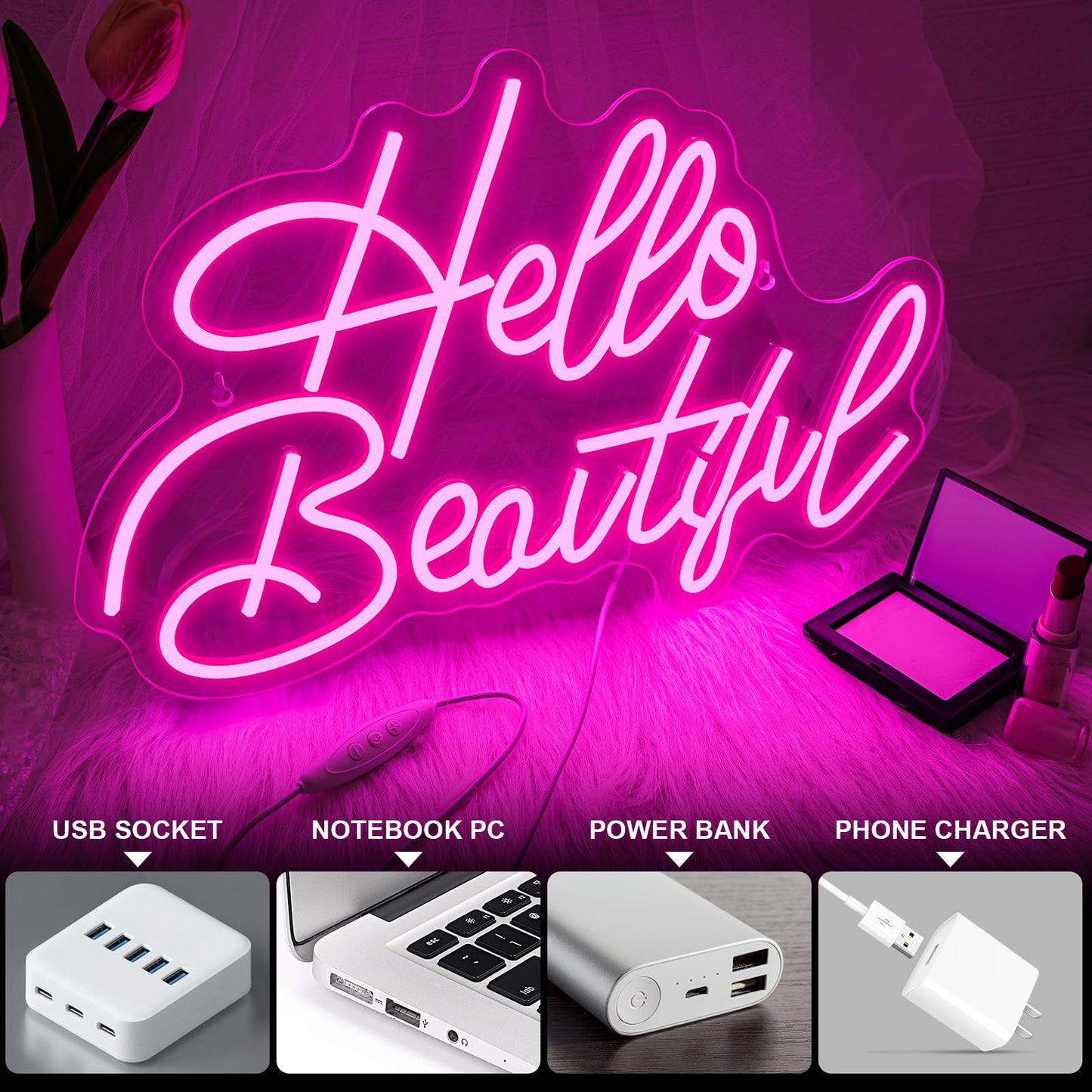 Looklight Hello Beautiul Neon Sign Wedding Neon Lights for Wall Decor Pink Led Lights Up Connectivity Wedding Engagement Birthday Party Girls Bedroom Gifts for Lovers