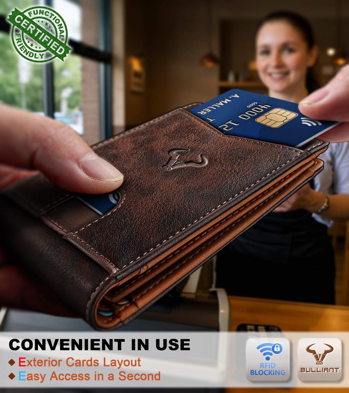 BULLIANT Men Wallet, Slim Leather Wallet Front Pocket Card Holder Gift For Men 11 Slots RFID Blocking