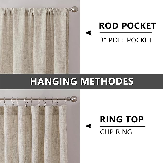 Tollpiz Linen Curtains Living Room Rod Pocket Semi Sheer Curtain Burlap Light Filtering Thick Linen Drapes for Bedroom, 54 x 95 inches Long, Natural, Set of 2 Panels
