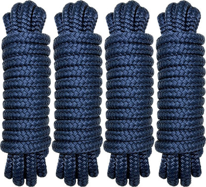 PACTHSD Double Braid 1/2" x 15' Boat Dock Lines (4-Pack) – Nylon Boat Ropes for Docking with 12" Spliced Eye – Heavy Duty Marine Rope – Soft & Durable Boat Lines for Pontoon and Light Boat (Navy Blue)
