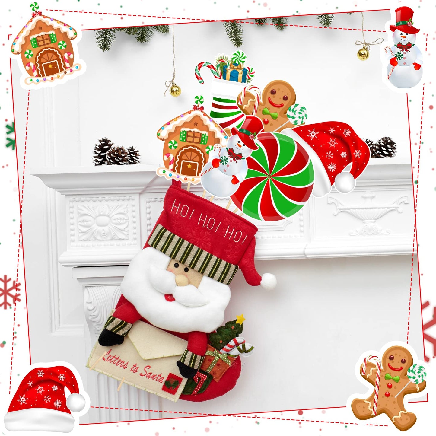 24 Pieces Christmas Picks Snowman Santa Hat Lollipop Gingerbread Christmas Stocking Farm House Cutout on Sticks Vase Filler Crafts Tree Ornament Wreath Holiday Decorations for Christmas Party