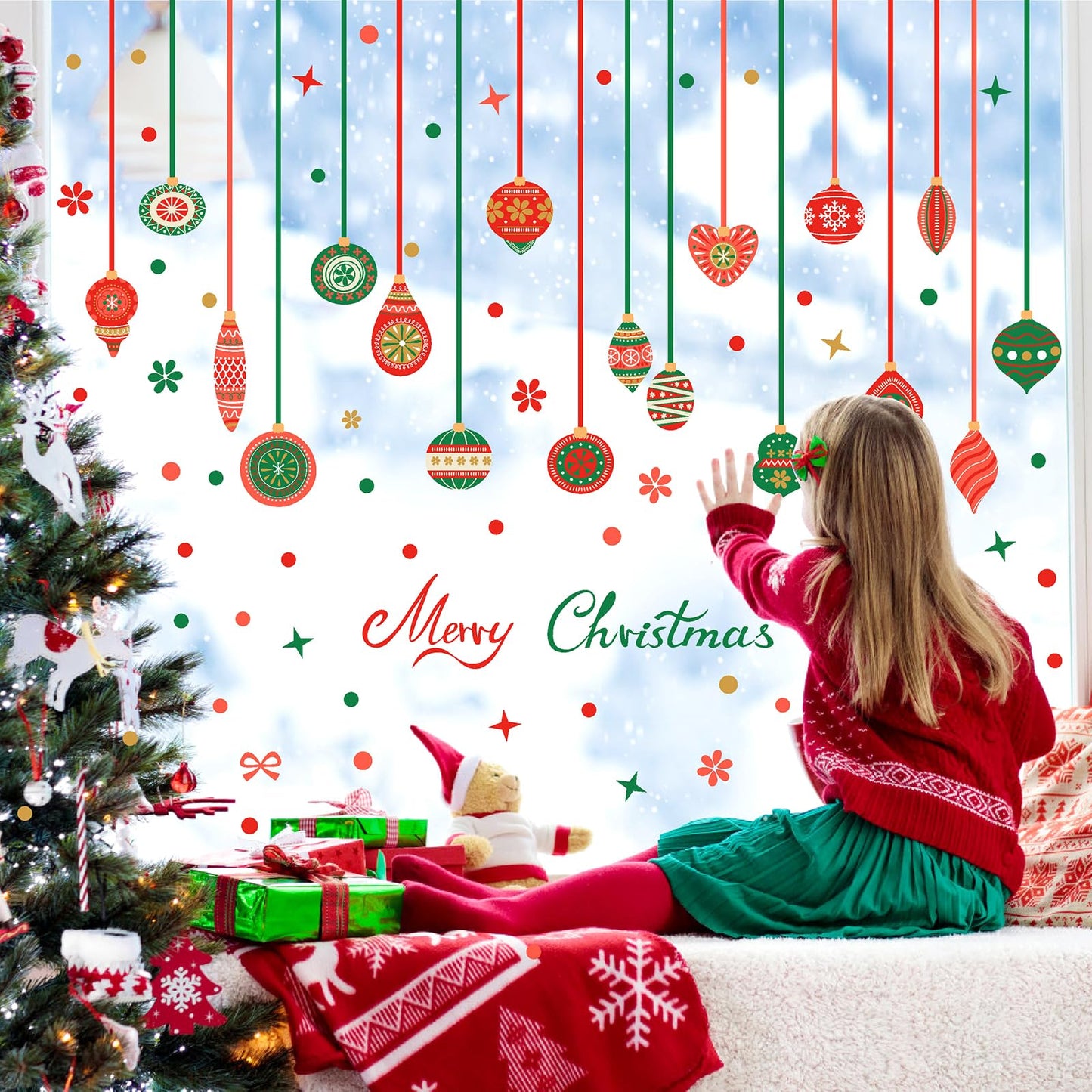Christmas Bell Wall Stickers Removable Large Xmas Ornament Wall Decals Peel and Stick Merry Christmas Wall Decals Xmas Holiday Wall Stickers Winter Holiday Party Supplies Decorations