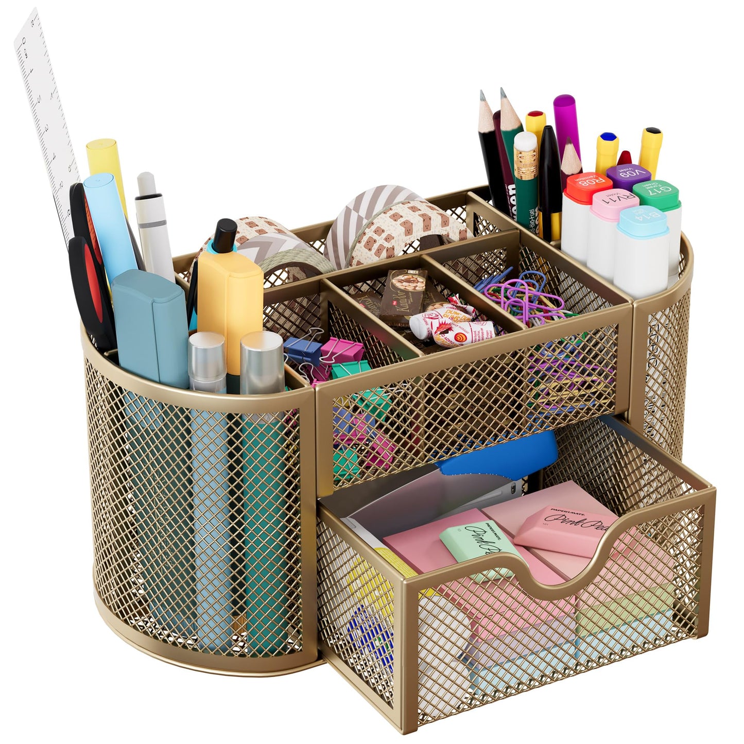 EasyPAG Mesh Pen Holder Desk Organizer with Drawer Stationery Supplies Organizer for Dorm School 9 Compartments Workspace Desk Accessories Organization for Office, Gold