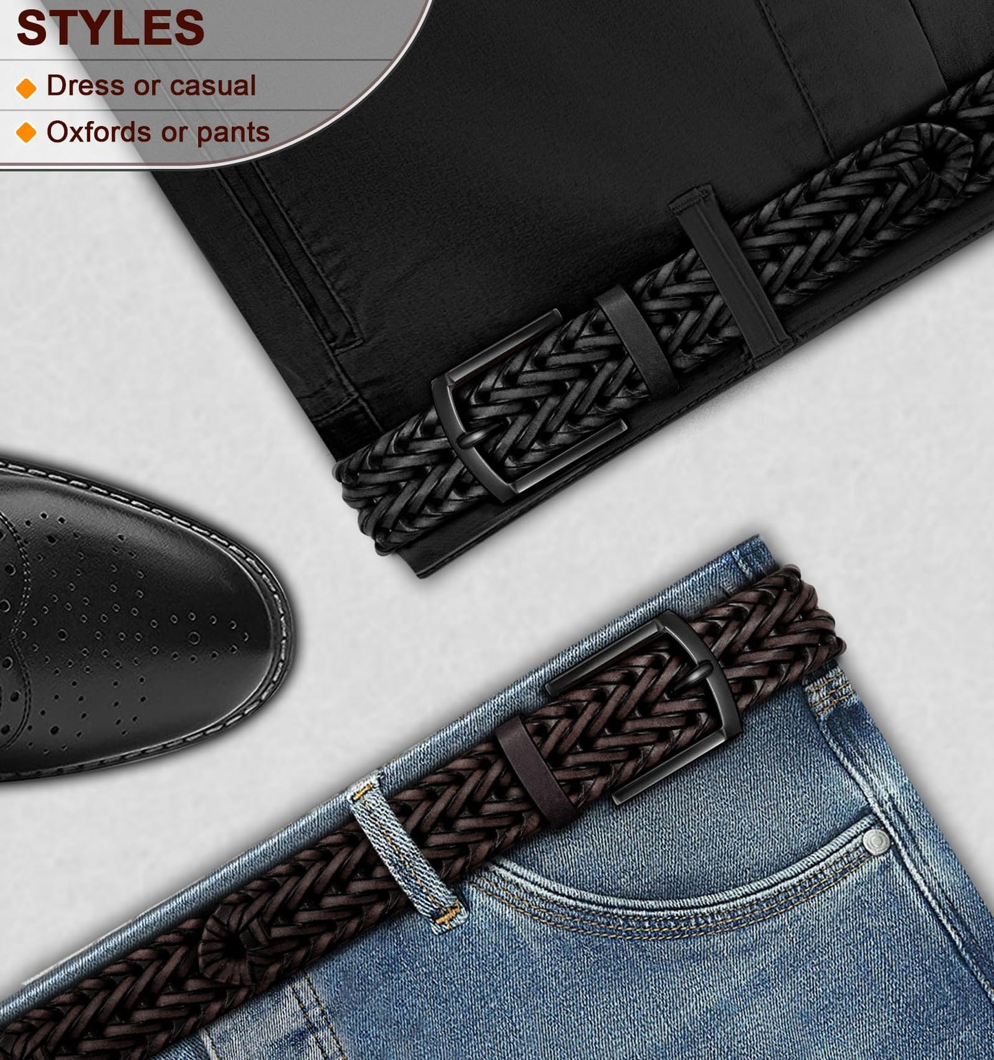 BULLIANT Men Belt 2Pack,Braided Woven Leather Belt For Men Golf Casual Jeans 1 3/8"(Black/Deep Brown,26"-30" Waist Adjustable)