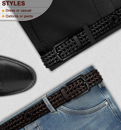 BULLIANT Men Belt 2Pack,Braided Woven Leather Belt For Men Golf Casual Jeans 1 3/8"(Black/Deep Brown,26"-30" Waist Adjustable)
