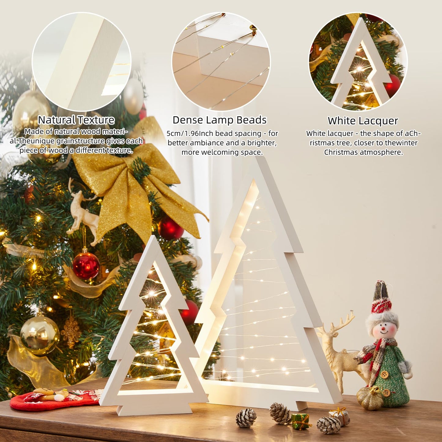 Neoflavie 2 Pcs Wood Christmas Tree with Lights-Modern Farmhouse Lighted Tabletop Christmas Tree Decor for Christmas Holiday Decorations Home Party Table Fireplace Mantle Shelf Decor(White)