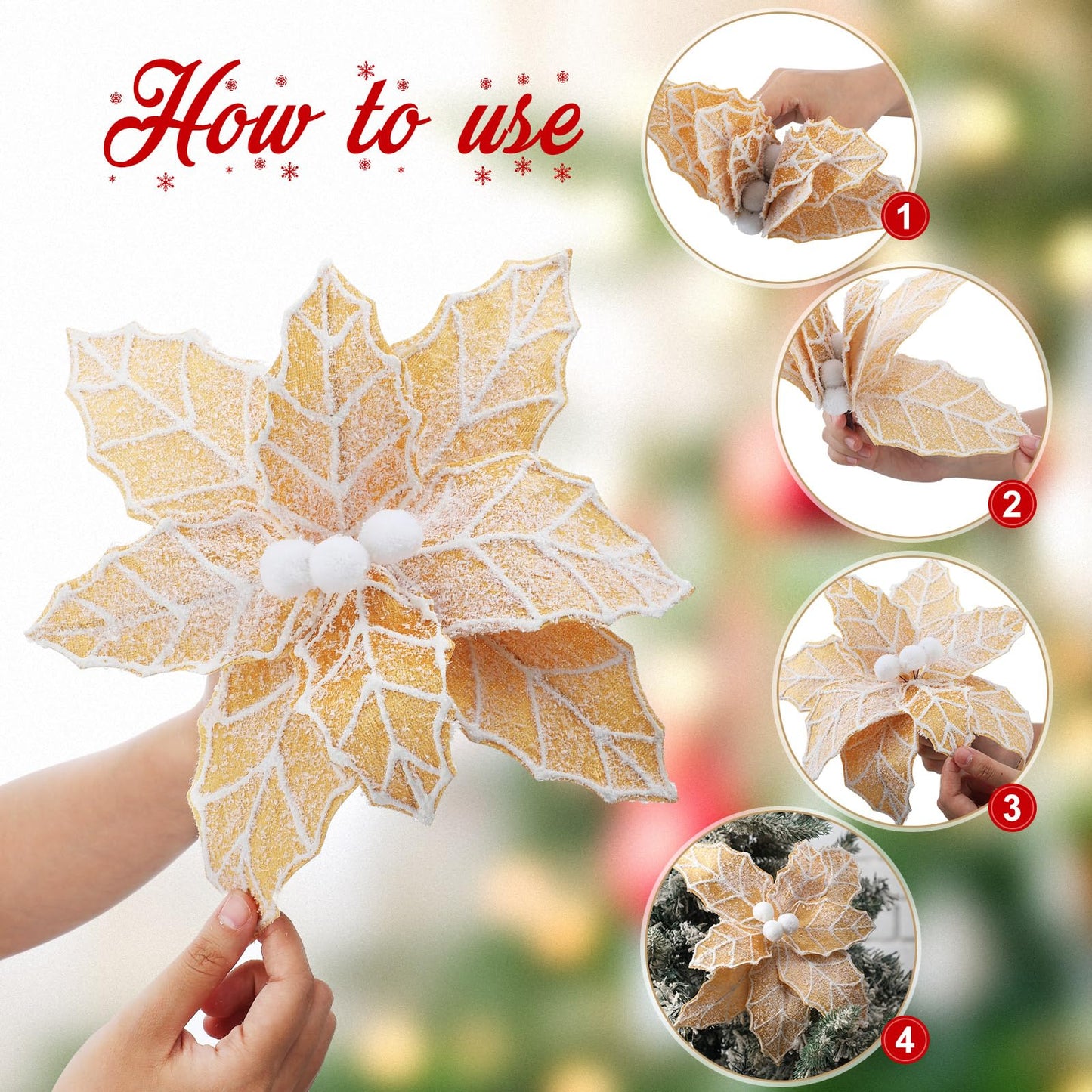 Daifunli 6 Pcs Large Christmas Gingerbread Poinsettia Flowers Tree Picks with Berries 10.6 Inches Christmas Tree Ornaments for Xmas Home Vase Decor(Gold)