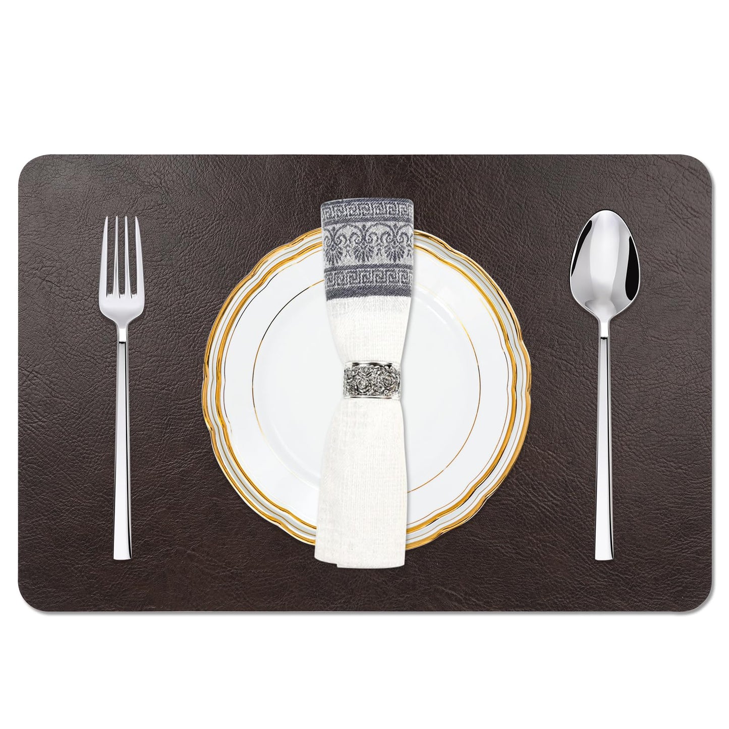 EDanle Cowhide Pattern Faux Leather Placemats Set of 4,Heat Resistant Non-Slip Waterproof Wipeable Washable Kitchen Dining PU Table Place Mats,Double-Sides Available,Black Brown
