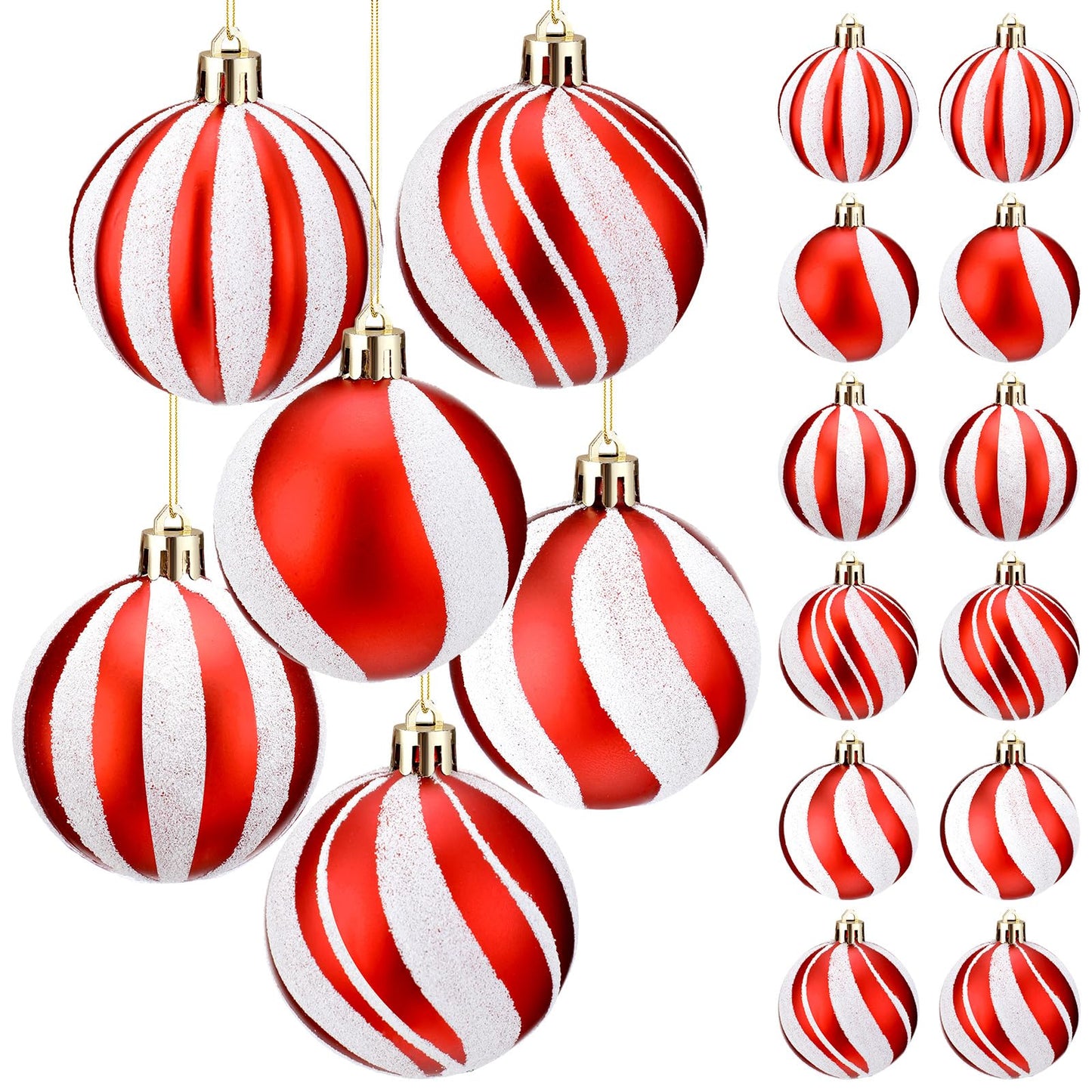 Liliful 12 Pcs 2.4 Inch Christmas Ball Ornaments Glittering Plastic Hanging Decorations Elf Balls Swirl Candy Cane Peppermint Christmas Tree Pendants for Xmas Tree Decoration (Red and White)