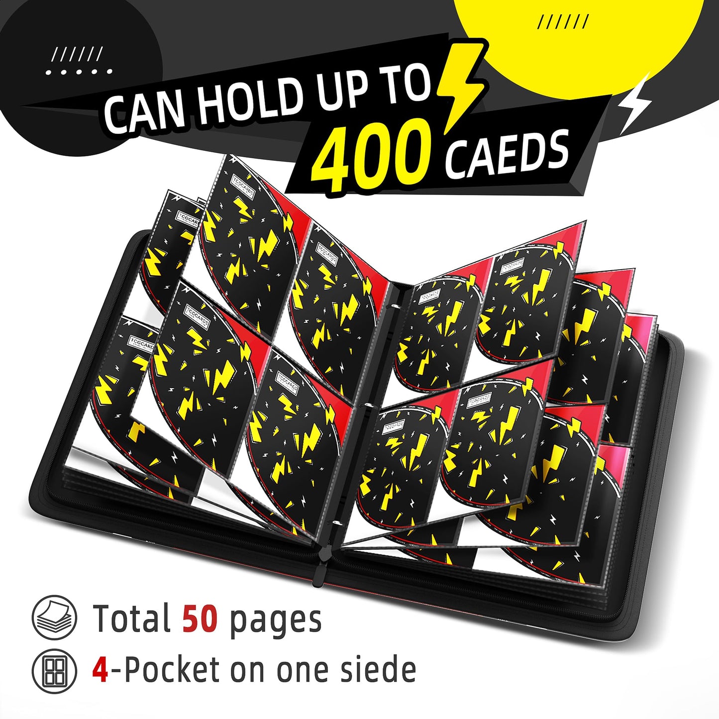 Trading Card Binder 4 Pocket,400 Pocket Card Collection Binder with 50 Removable Sleeves,PU Waterproof Top Card Book,3-Ring Zipper Collectible Trading Card Album for MTG/TCG/Card Holder Gift(Black)