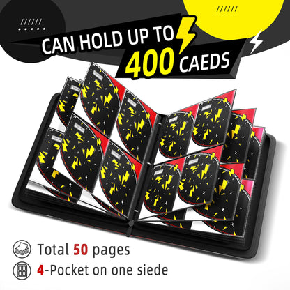 Trading Card Binder 4 Pocket,400 Pocket Card Collection Binder with 50 Removable Sleeves,PU Waterproof Top Card Book,3-Ring Zipper Collectible Trading Card Album for MTG/TCG/Card Holder Gift(Black)