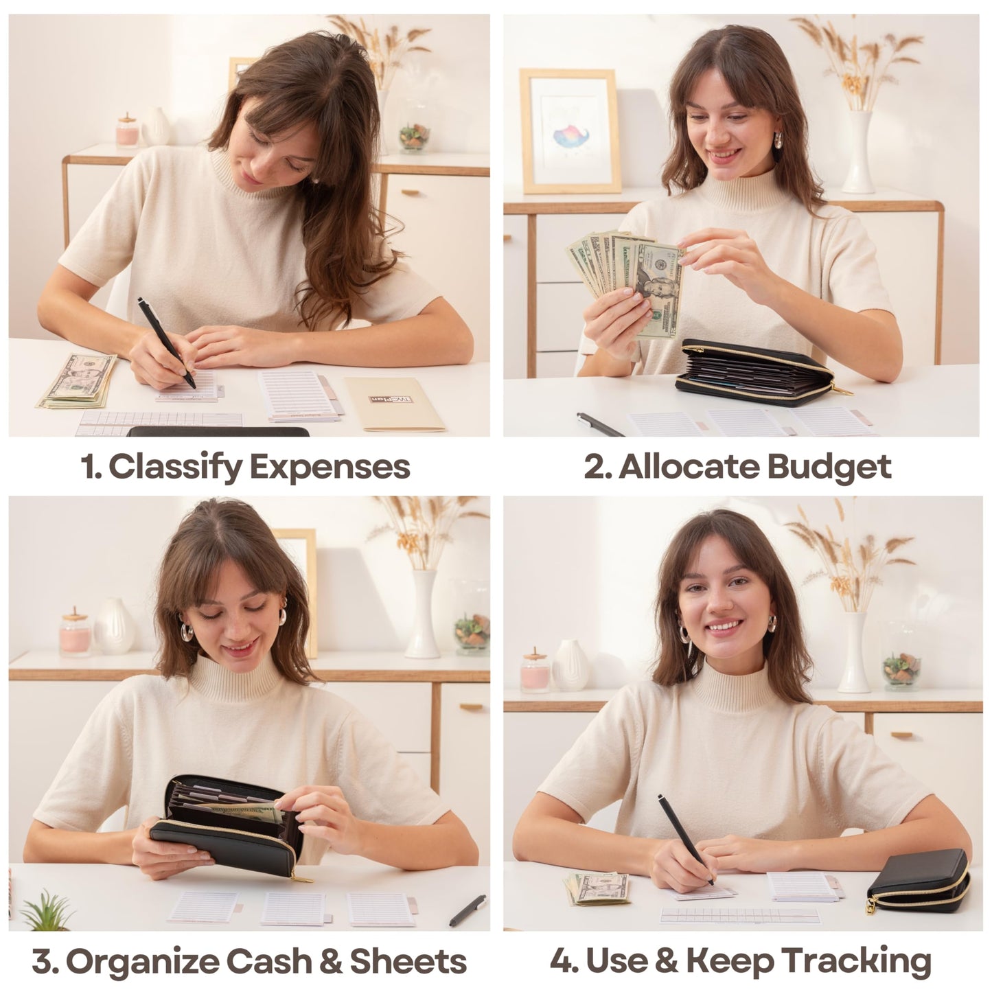 Simplified Cash Envelopes System Budgeting Wallet-NO Envelope & Budget Binder Needed, Multi-pocket Cash Stuffing Wallet, Money Organizer, Expense Tracker Sheets Card Holder, Leather Wallets For Women