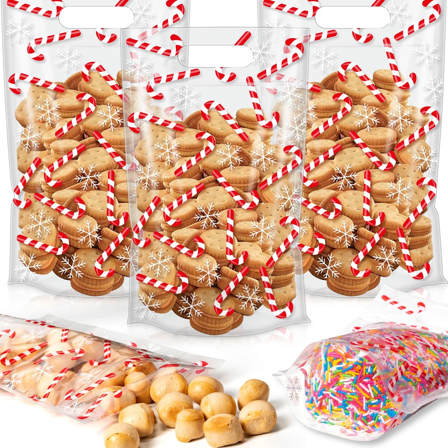 Engrowtic 50 Pcs Christmas Treat Bags Resealable Christmas Zipper Bags Candy Cane Plastic Gift Bag Holiday Bag with Handles for Xmas Party Favor Wrapping Supplies