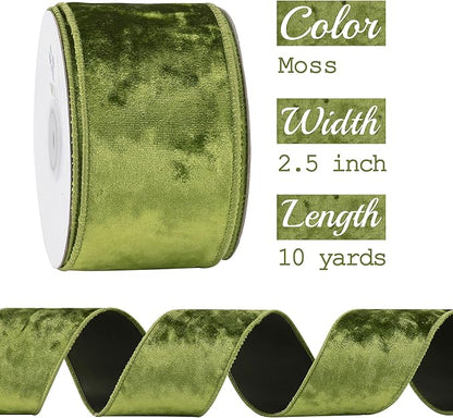 MEEDEE Moss Green Velvet Wired Ribbon 2.5 Inch - 10 Yards Crushed Velvet Christmas Ribbon for Tree Decoration, Wreath Supplies, Crafts Bow Making