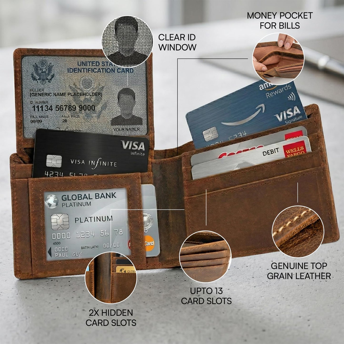 Cuir Jackets Top Grain Leather Wallet for Men | RFID Blocking Genuine Leather Wallets for Men | Secure and Durable Extra Capacity Bifold Wallet with 2 ID Windows and Upto 9 Card Slots (Brown)