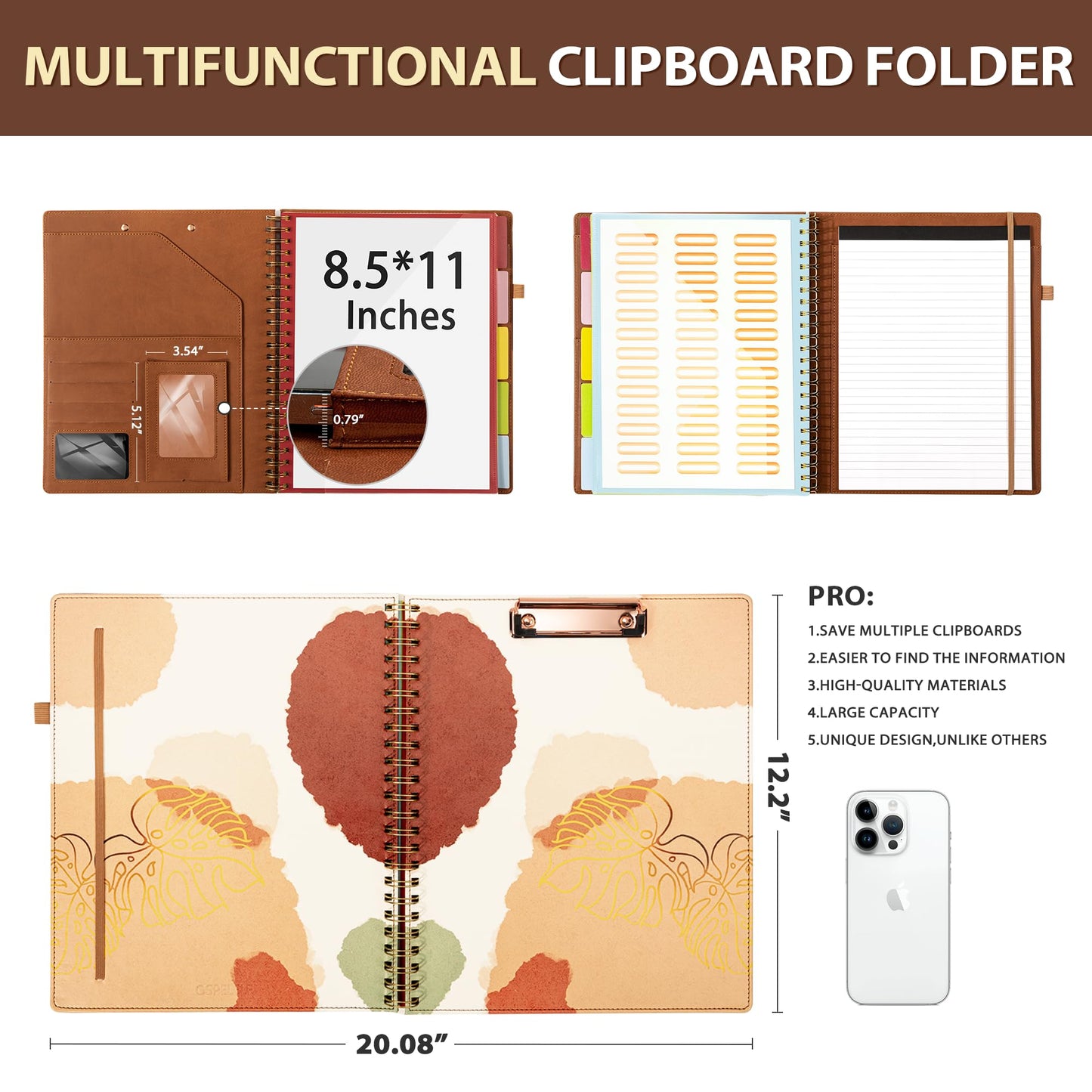 Ospelelf Clipboard with Storage for Men Women, Leather Padfolio Portfolio Organizer 5 Folders with 10 Pockets, Spiral Clipboard Folio with Notepad for Letter Size, Elastic Closure and Pen Loop Brown