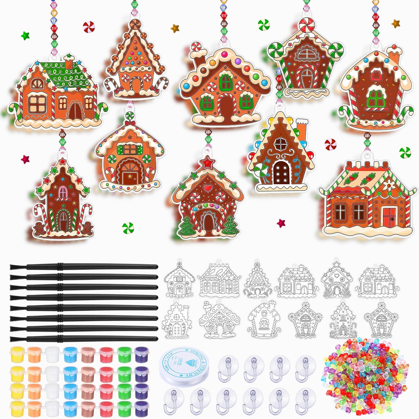 Beeveer 30 Sets Christmas Ornament Gingerbread House Suncatchers Window Art Kits, DIY Suncatchers Bulk Crafts Paint Your Own Window Ornaments for Boys Girls Classroom Party Birthday Activity Decor