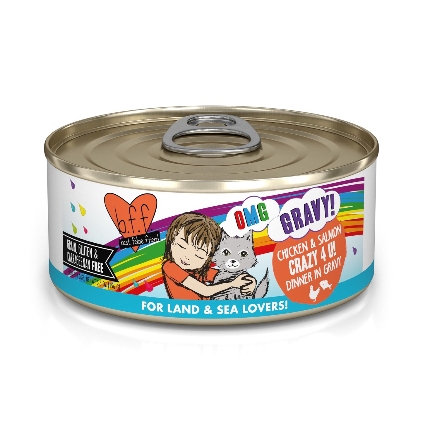 Weruva B.F.F. OMG - Best Feline Friend Oh My Gravy! Grain-Free Wet Cat Food Cans, Crazy 4 U! Chicken & Salmon, 5.5-Ounce Can (Pack of 8)