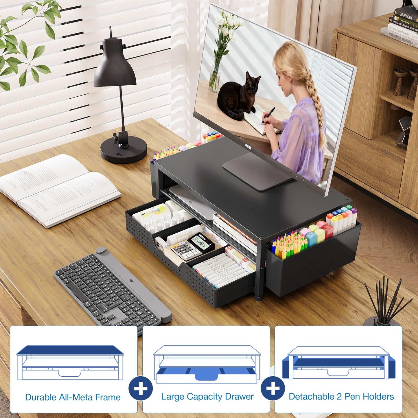 OPNICE Desk Organizers and Accessories, Computer Monitor Stand Riser with Drawer and 2 Pen Holders, Laptop Stand, Office Desk Accessories & Workspace Organizers for Home Office Supplies, Black