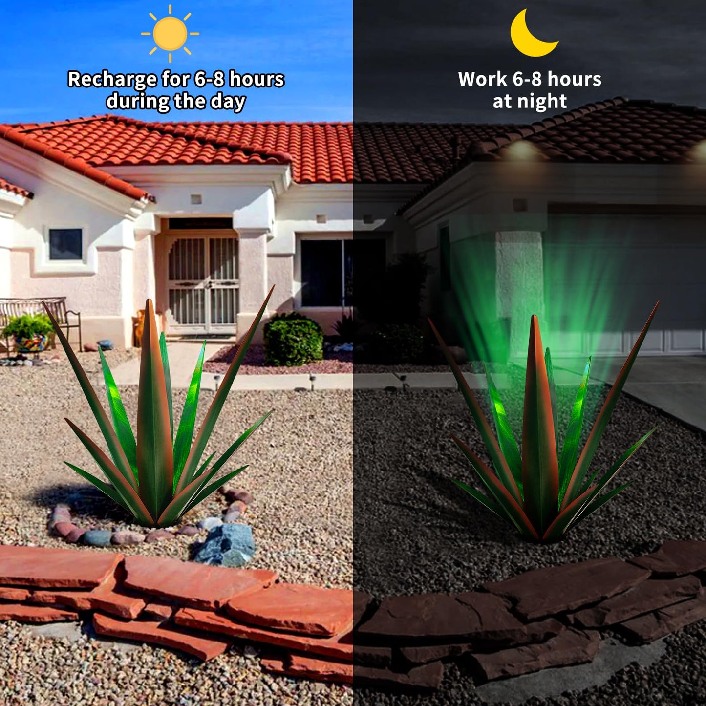 KODIBO Large Tequila Rustic Sculpture, Rustic Metal Agave Plants for Outdoor Patio Yard, Home Decor Hand Painted Metal Agave Garden Yard Statue, Outdoor Lawn Ornaments (Black - L (W/Solar Light))